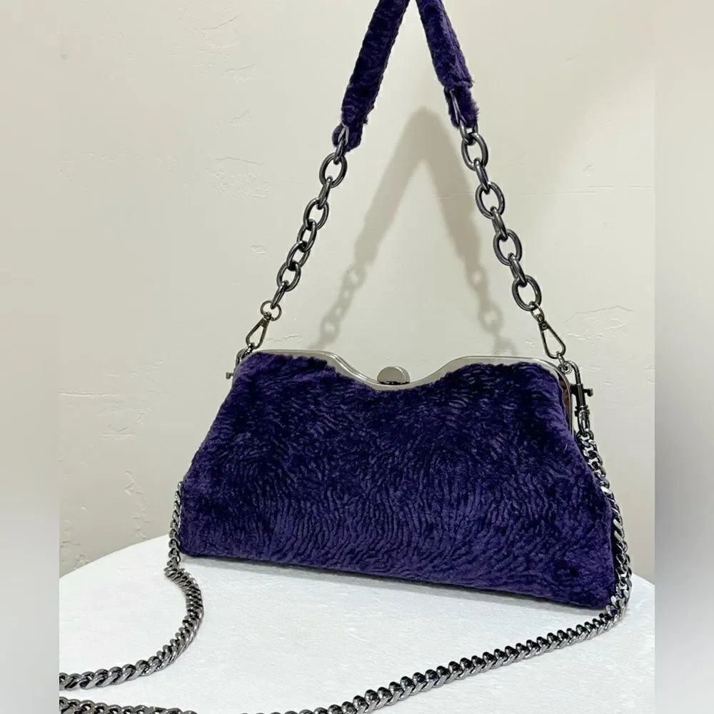 Purple Handmade Real Shearling leather Push Lock Shoulder Bag/Crossbody
